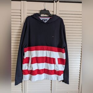 TOMMY HILFIGER Hoodie Men's XL  Navy Blue with Red and White Stripes
